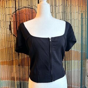 Anthropologie Black Square-Neck Zip-Front Crop Top